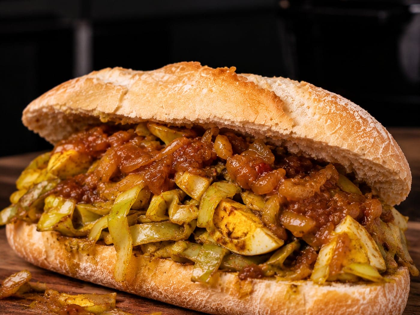 Een pistolet vol gewokte spitskool met partjes ei in gele massala, met de licht pittige uiensaus erover
