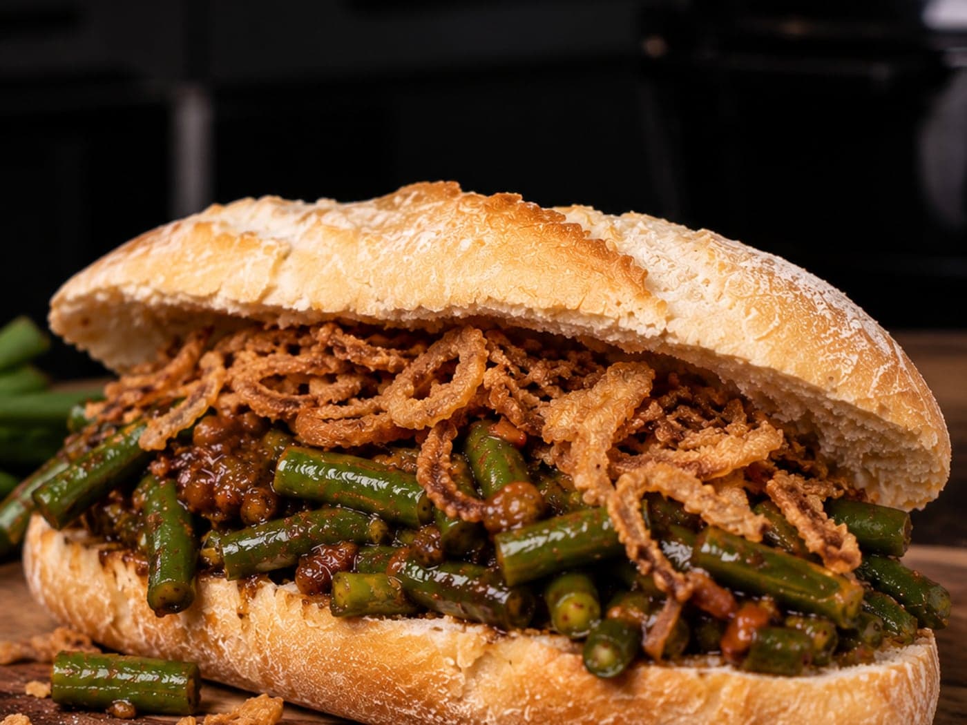Een pistolet vol gestoofde kousenband in donkere ketjapsaus, met een berg goudbruine gebakken uitjes erop