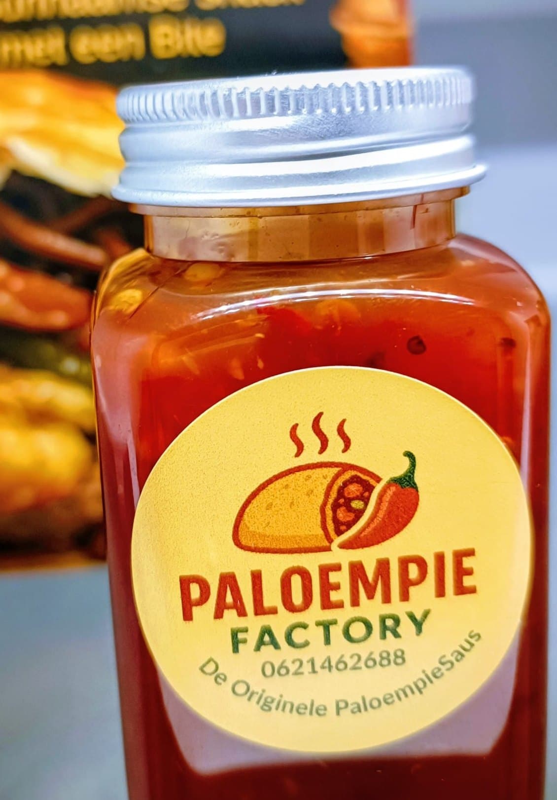 Een pot Paloempiesaus met het etiket van Paloempie Factory, gevuld met rode saus waarin de stukjes zichtbaar zijn